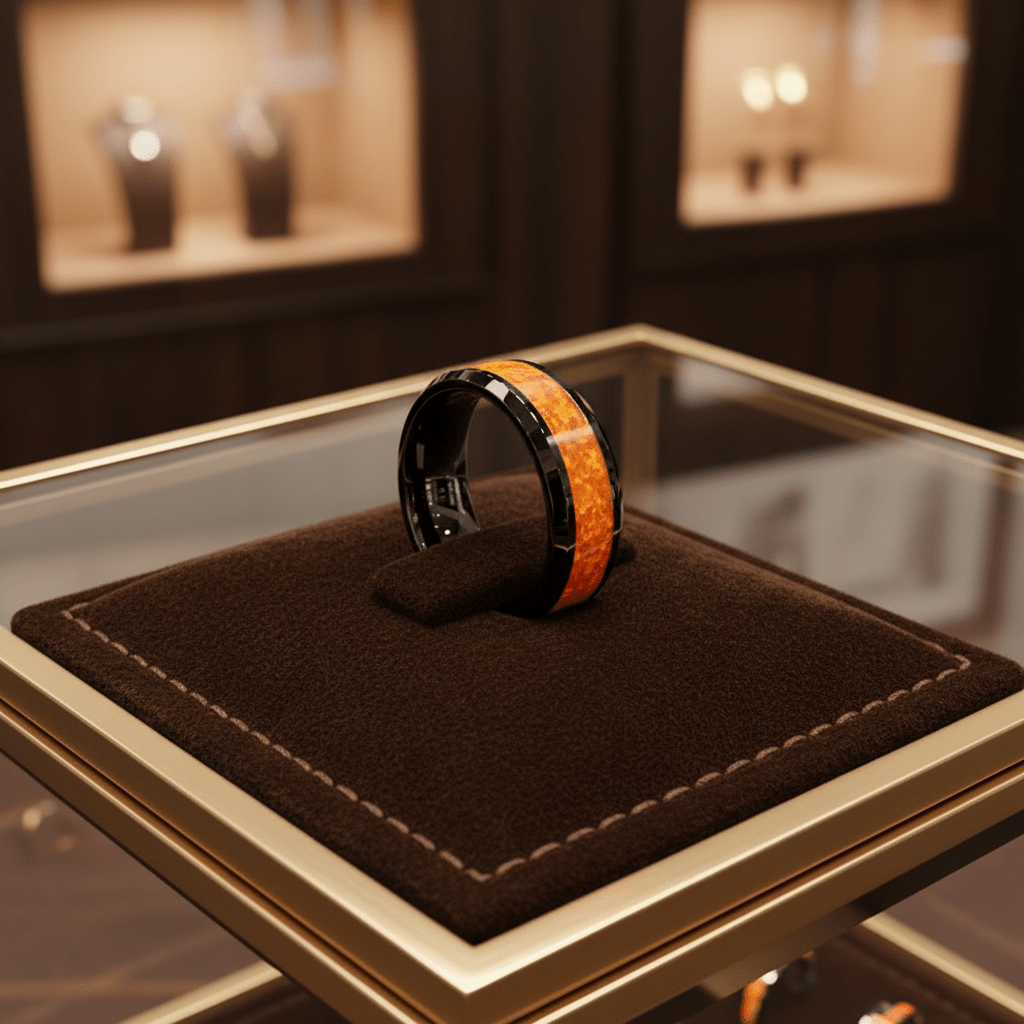DRAGON — Premium boutique display on velvet — men's tungsten wedding ring.