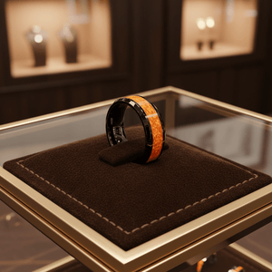 DRAGON — Premium boutique display on velvet — men's tungsten wedding ring.