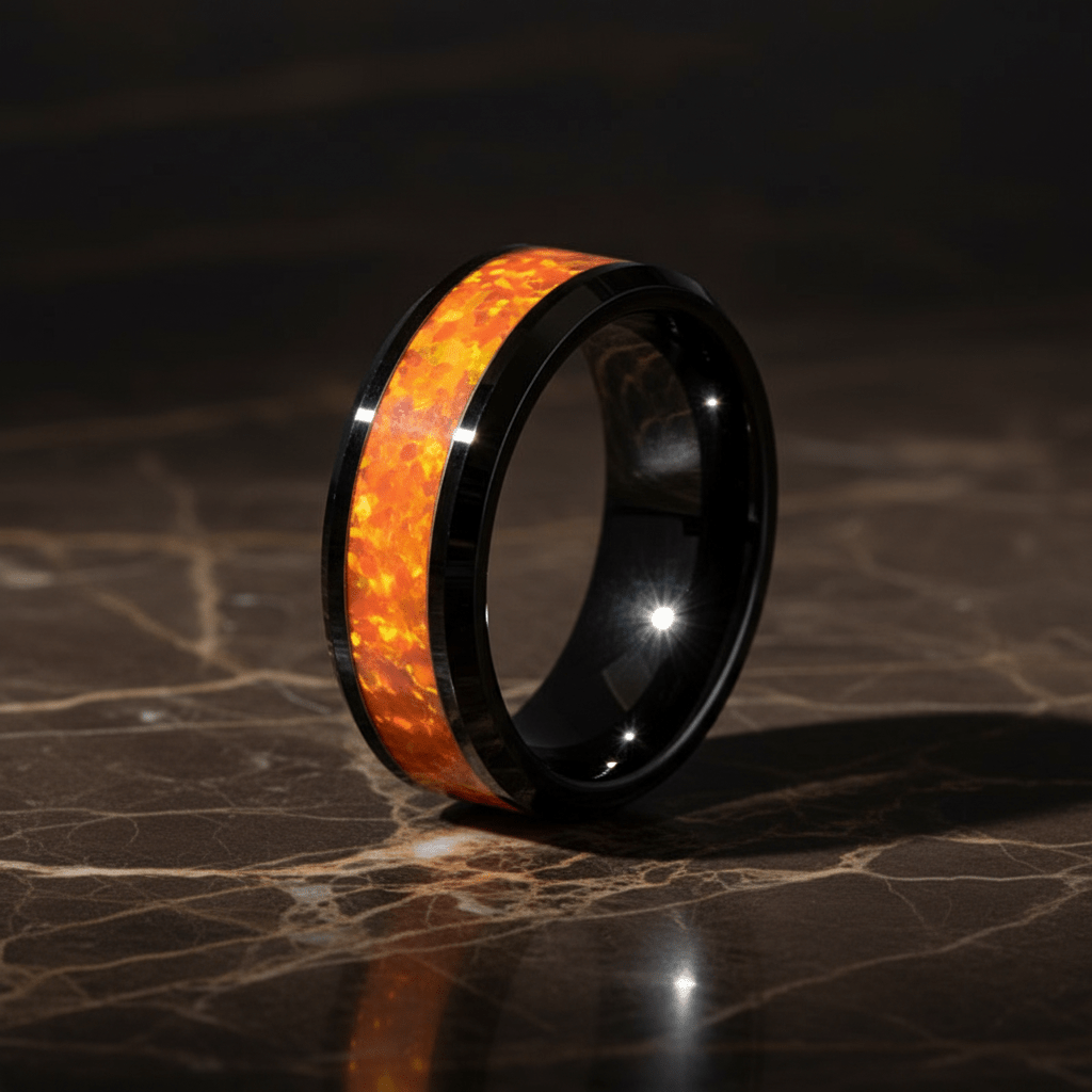 DRAGON — Luxury 3/4 angle on dark marble — men's tungsten wedding ring.