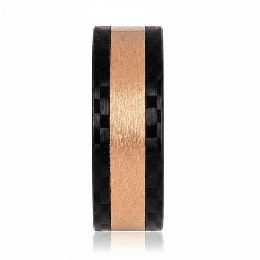 DREAMFLARE — Front-facing straight-on view — men's tungsten wedding ring.