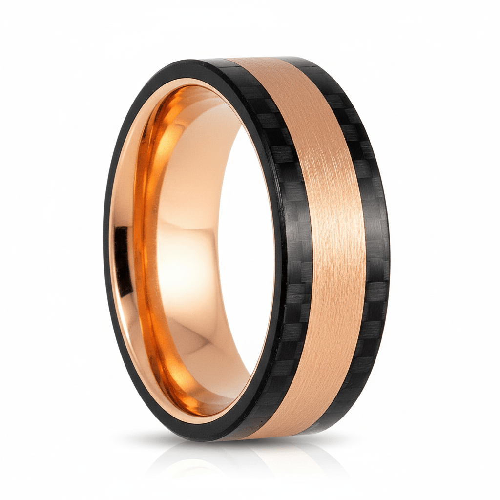 DREAMFLARE — Hero product shot — men's tungsten wedding ring.