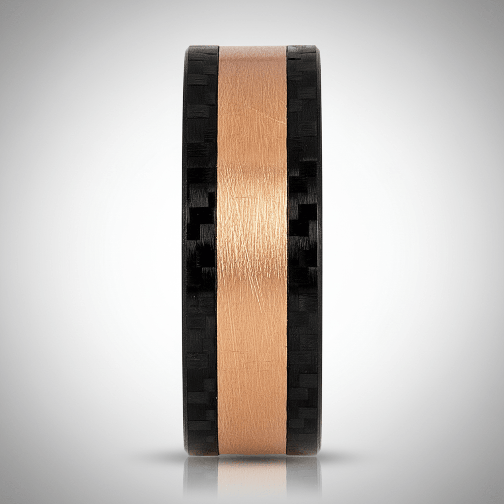 DREAMFLARE — Center-through axial view — men's tungsten wedding ring.