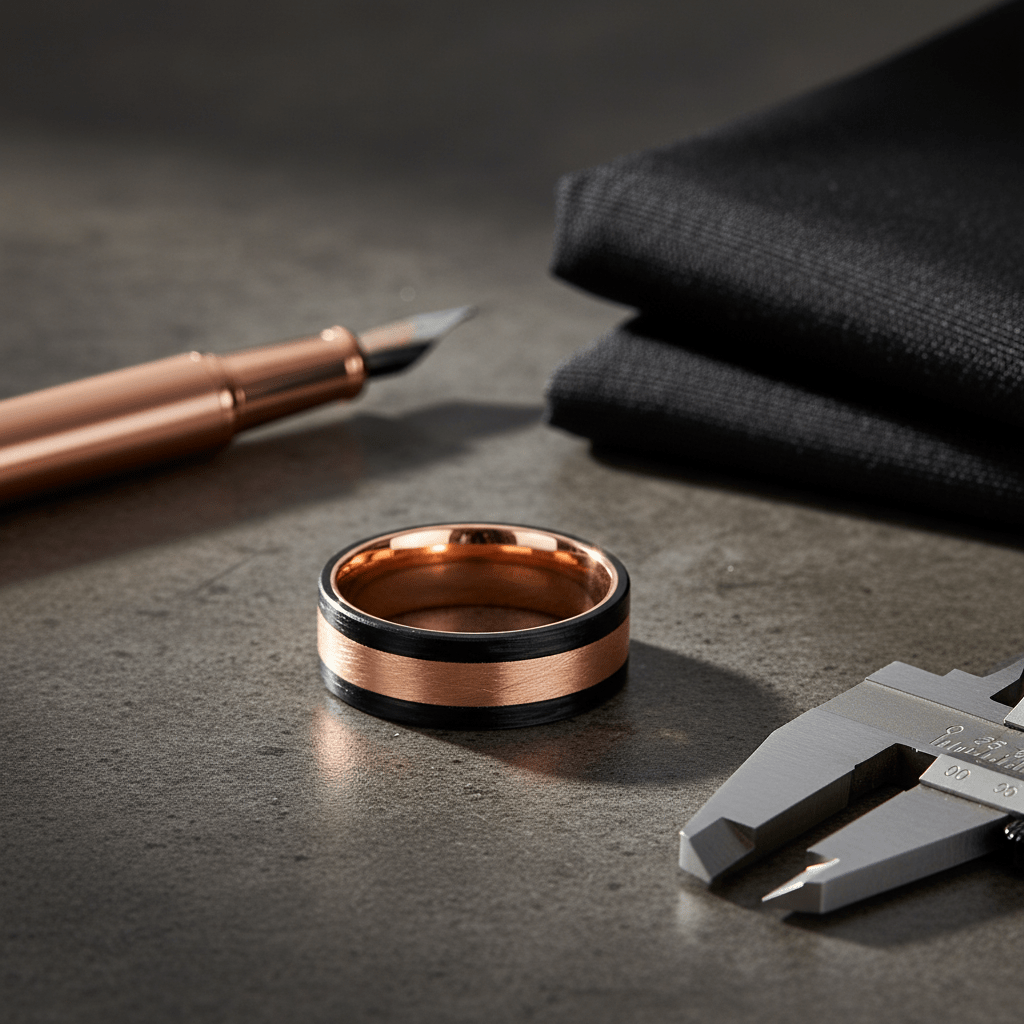 DREAMFLARE — Editorial masculine still life — men's tungsten wedding ring.