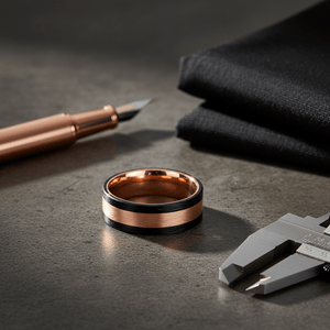 DREAMFLARE — Editorial masculine still life — men's tungsten wedding ring.