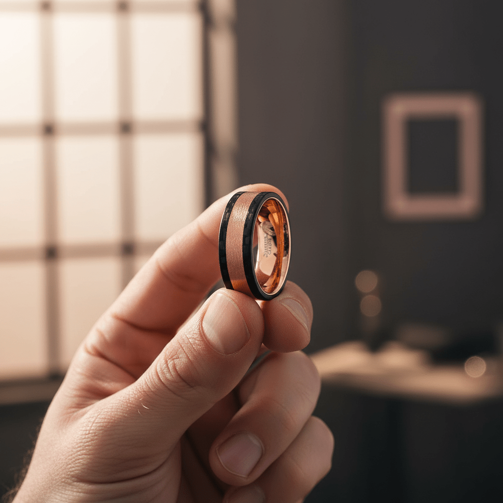 DREAMFLARE — Held between fingers close-up — men's tungsten wedding ring.