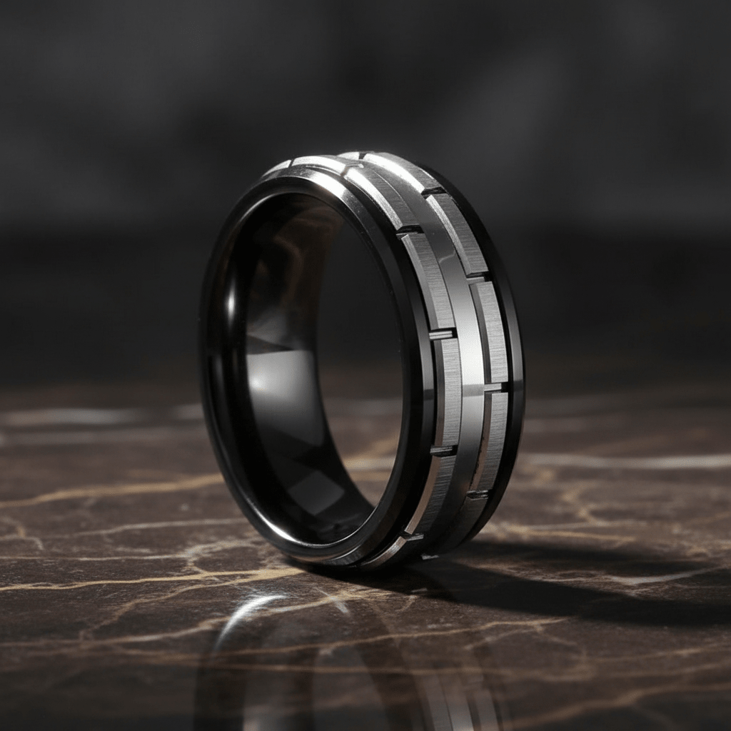 DUALITY — Luxury 3/4 angle on dark marble — men's tungsten wedding ring.