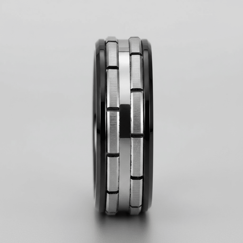 DUALITY — Center-through axial view — men's tungsten wedding ring.