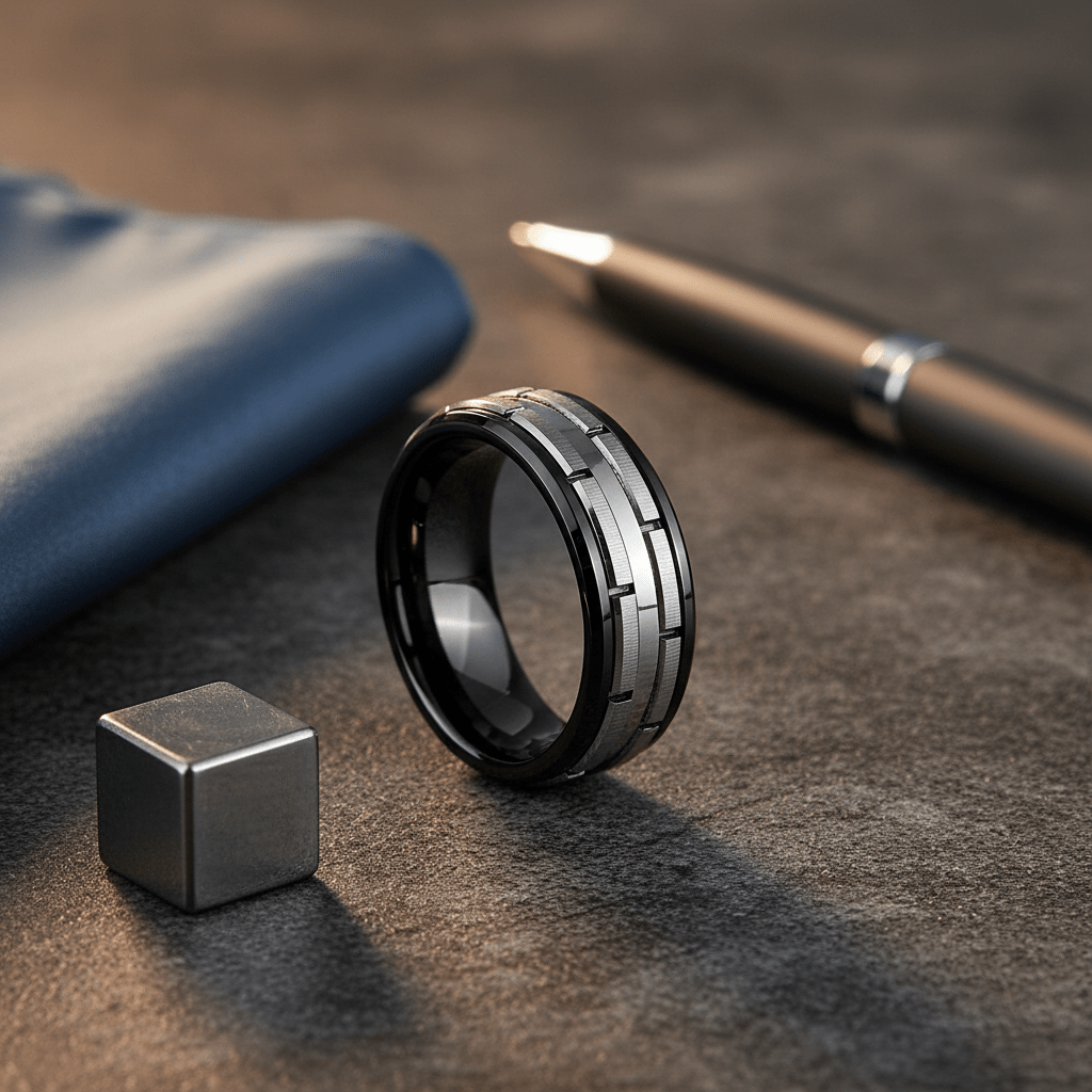 DUALITY — Editorial masculine still life — men's tungsten wedding ring.