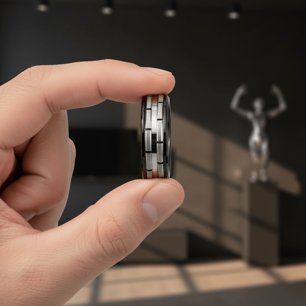 DUALITY — Held between fingers close-up — men's tungsten wedding ring.