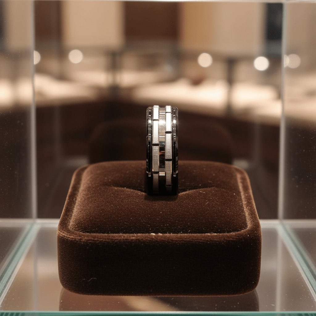 DUALITY — Premium boutique display on velvet — men's tungsten wedding ring.
