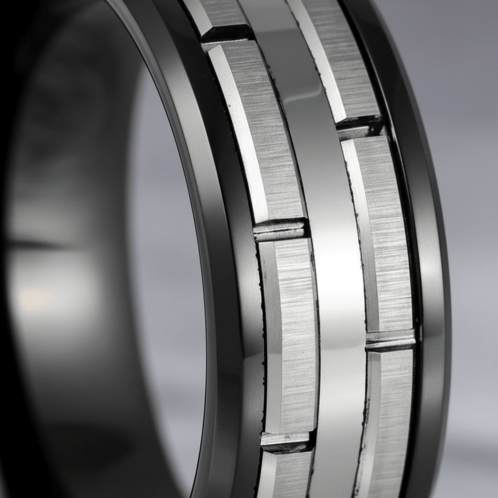 DUALITY — Extreme macro detail — men's tungsten wedding ring.