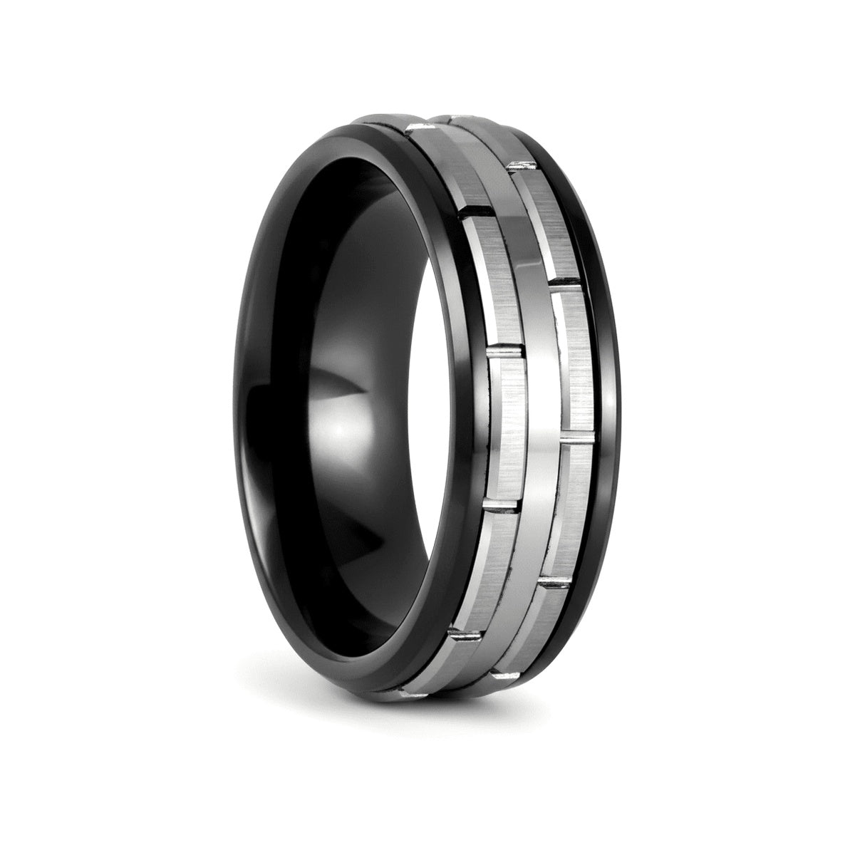 DUALITY black tungsten wedding ring with two-tone silver patterned design - front view