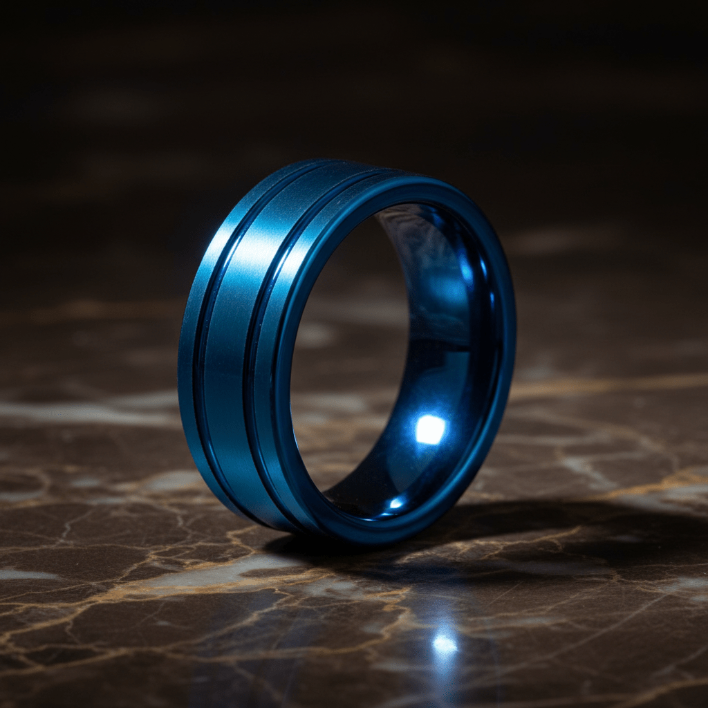 DUALWAVE — Luxury 3/4 angle on dark marble — men's tungsten wedding ring.