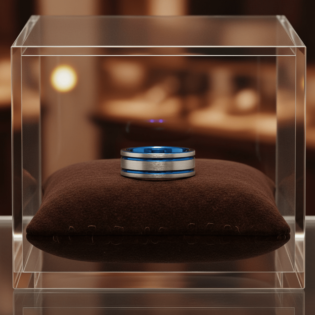 DUALWAVE — Premium boutique display on velvet — men's tungsten wedding ring.