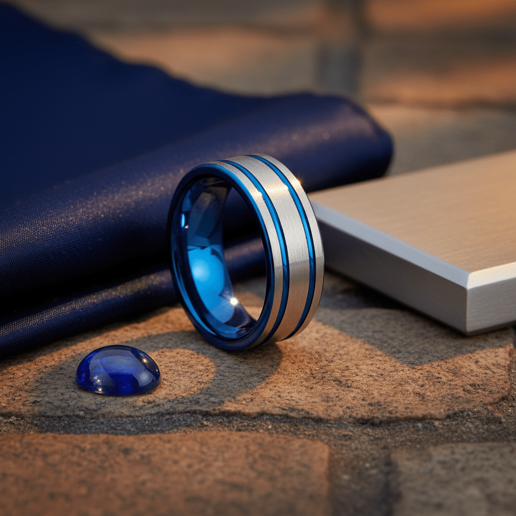 DUALWAVE — Editorial masculine still life — men's tungsten wedding ring.