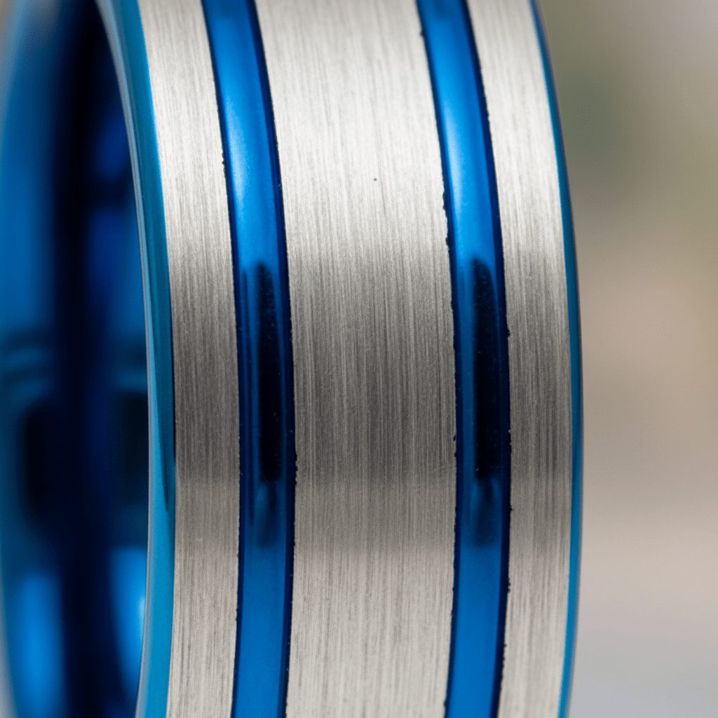 DUALWAVE — Extreme macro detail — men's tungsten wedding ring.