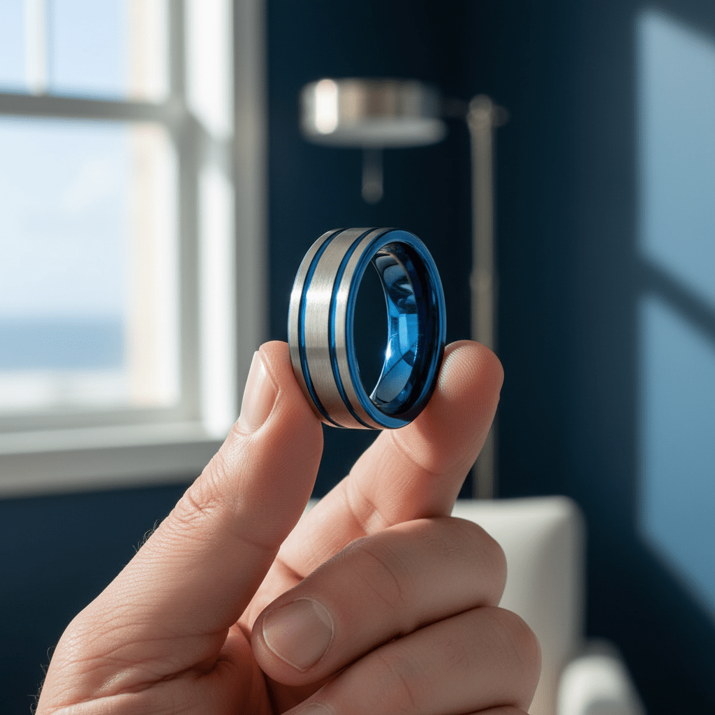 DUALWAVE — Held between fingers close-up — men's tungsten wedding ring.