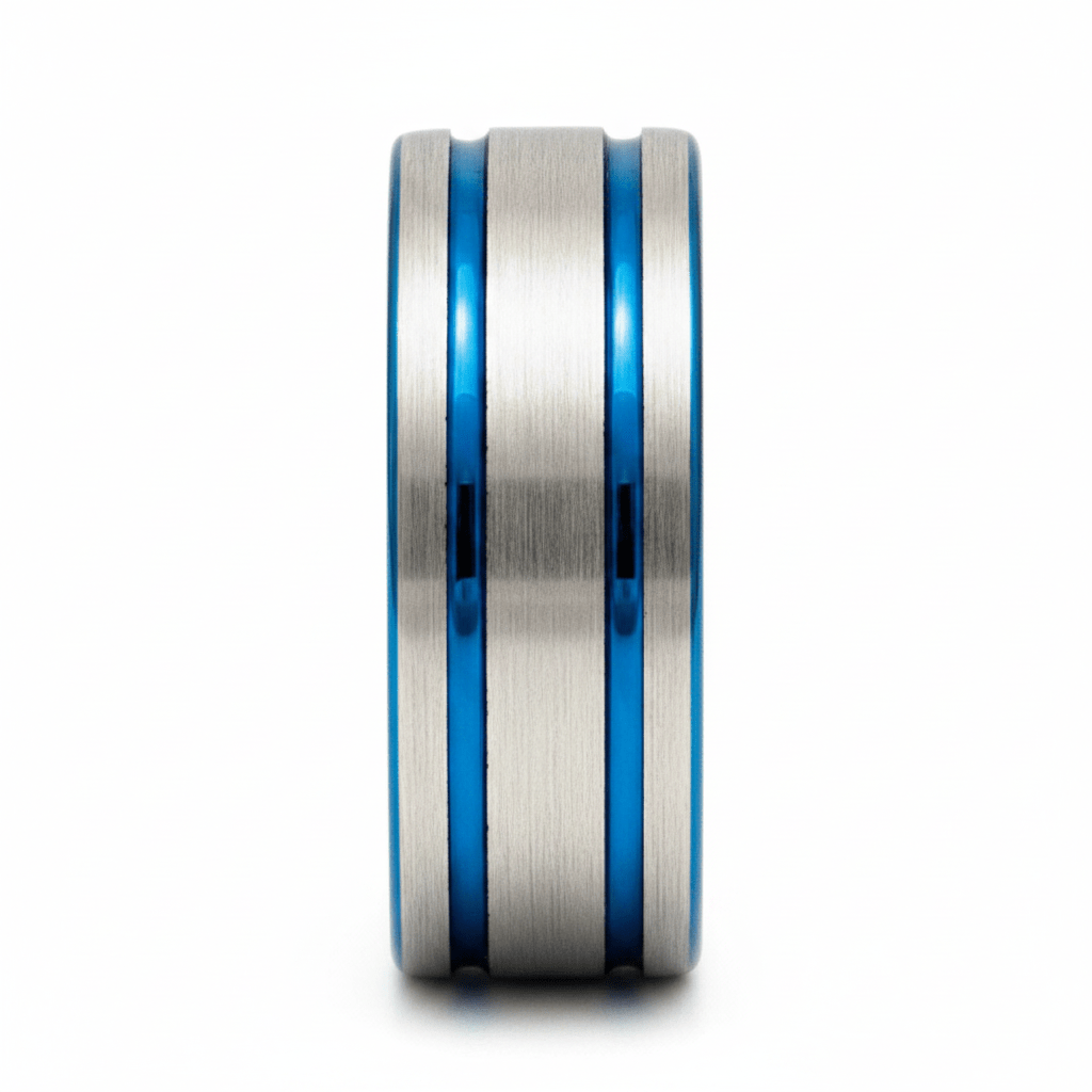 DUALWAVE — Front-facing straight-on view — men's tungsten wedding ring.