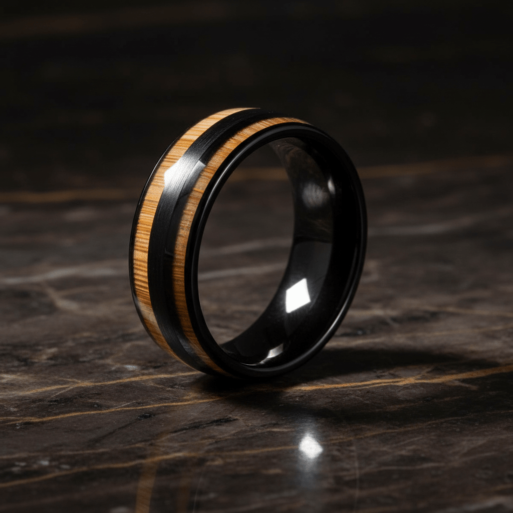 DUNLAP — Luxury 3/4 angle on dark marble — men's tungsten wedding ring.