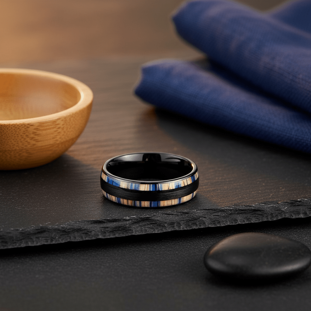 DUNLAP — Editorial masculine still life — men's tungsten wedding ring.