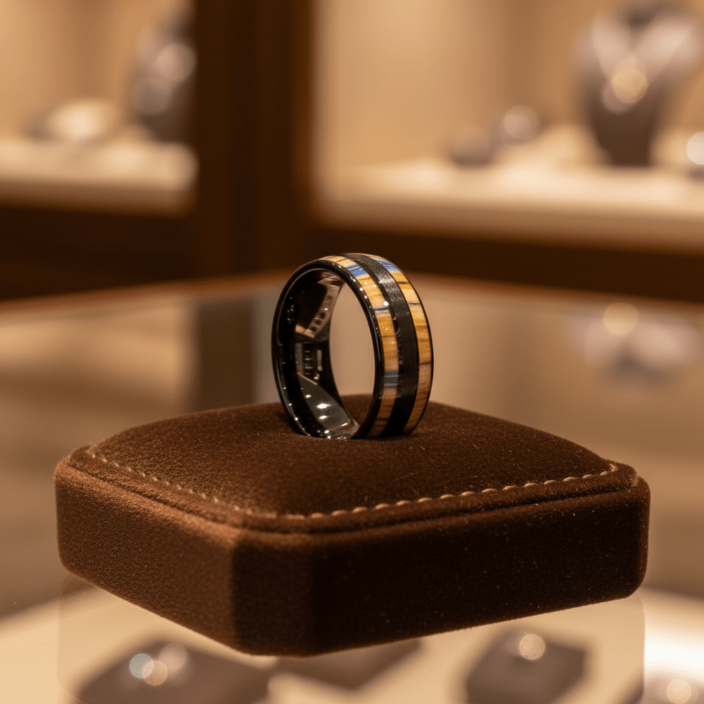 DUNLAP — Premium boutique display on velvet — men's tungsten wedding ring.