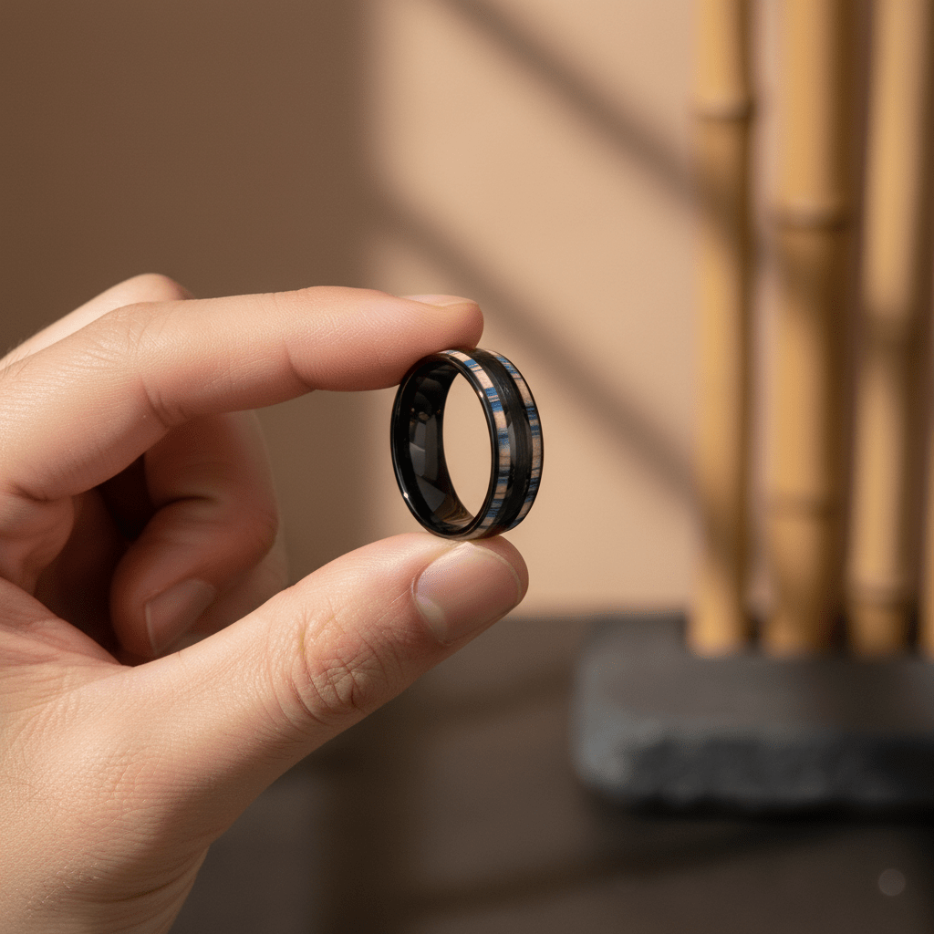 DUNLAP — Held between fingers close-up — men's tungsten wedding ring.
