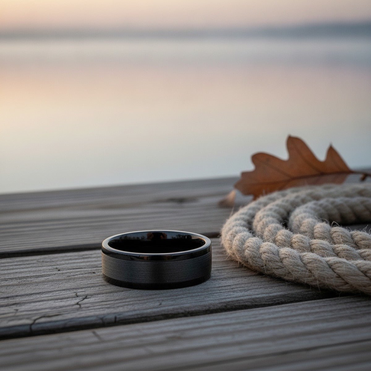 Aydins DUSKORA | Black Tungsten Brushed Center Flat Wedding Ring 8mm lifestyle scene, lakeside dock