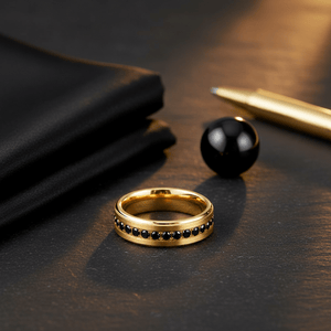 EBONYGLITZ — Editorial masculine still life — men's tungsten wedding ring.