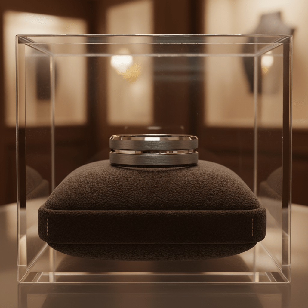 ECHORIDGE — Premium boutique display on velvet — men's tungsten wedding ring.