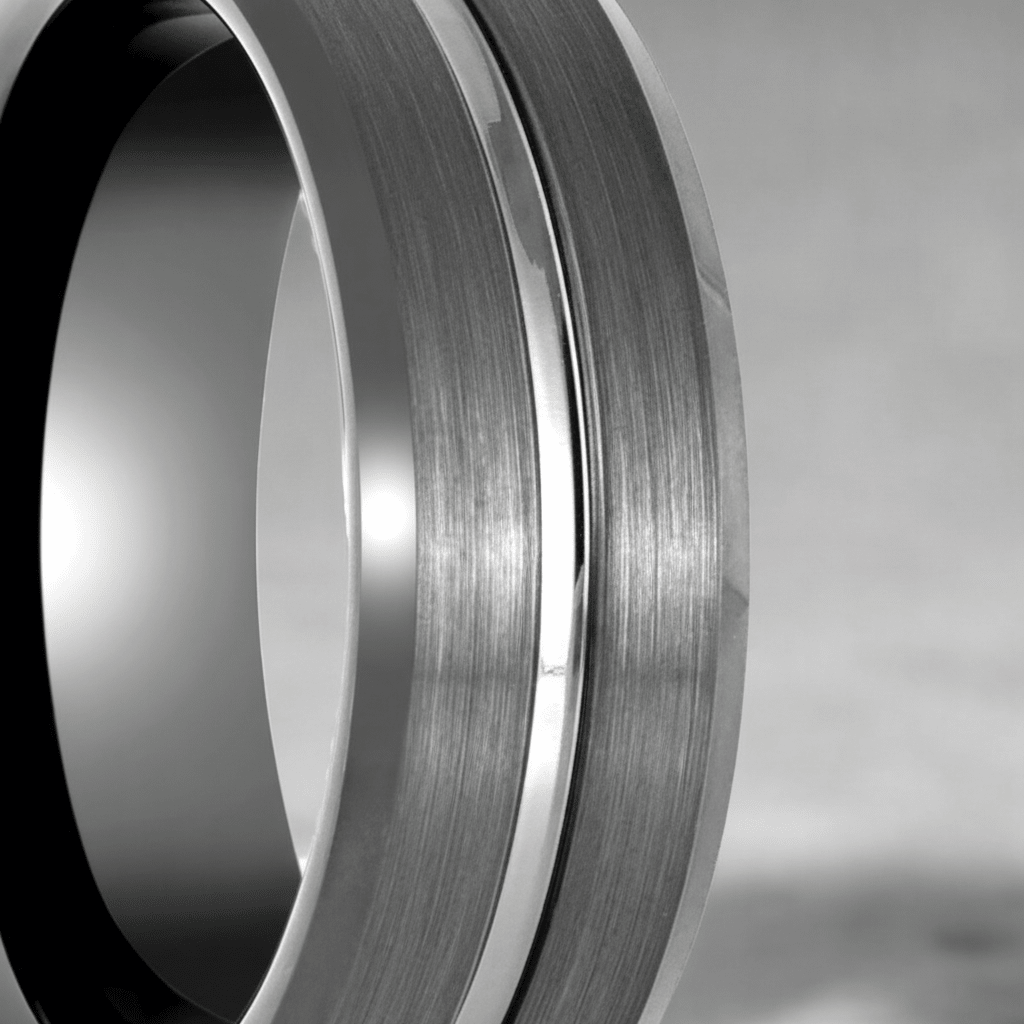 ECHORIDGE — Extreme macro detail — men's tungsten wedding ring.