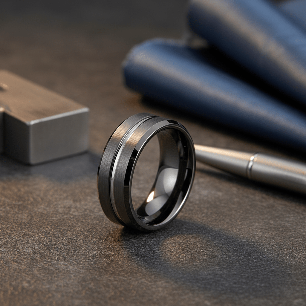 ECHORIDGE — Editorial masculine still life — men's tungsten wedding ring.