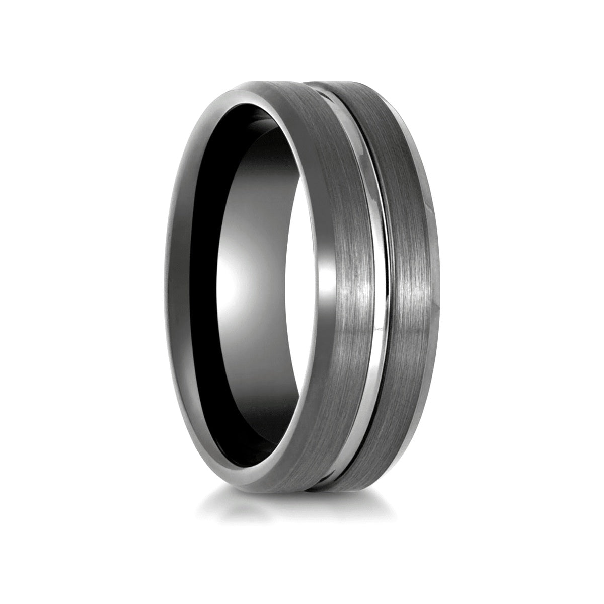 ECHORIDGE gunmetal tungsten wedding ring with grooved brushed center and beveled edges - front view