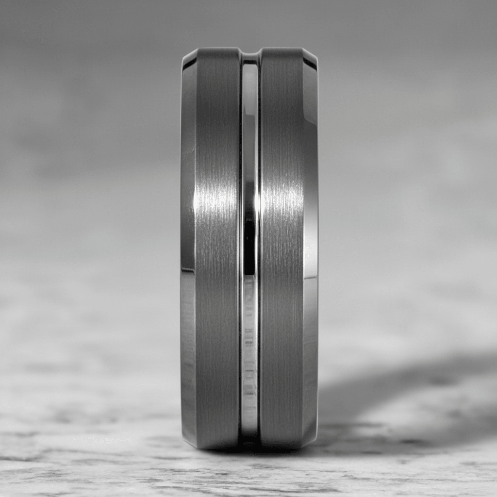 ECHORIDGE — Center-through axial view — men's tungsten wedding ring.