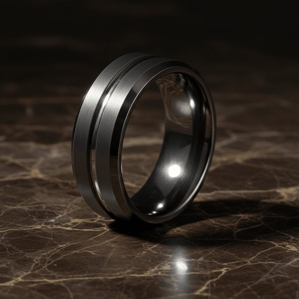 ECHORIDGE — Luxury 3/4 angle on dark marble — men's tungsten wedding ring.