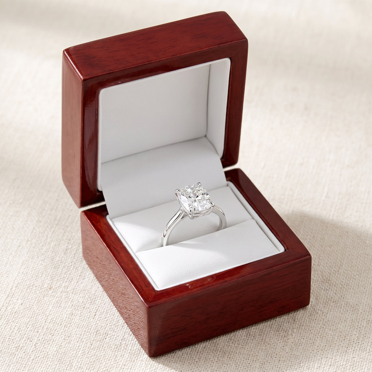Elongated Cushion lab-grown diamond solitaire engagement ring, 925 Sterling Silver, in cherry-wood ring box