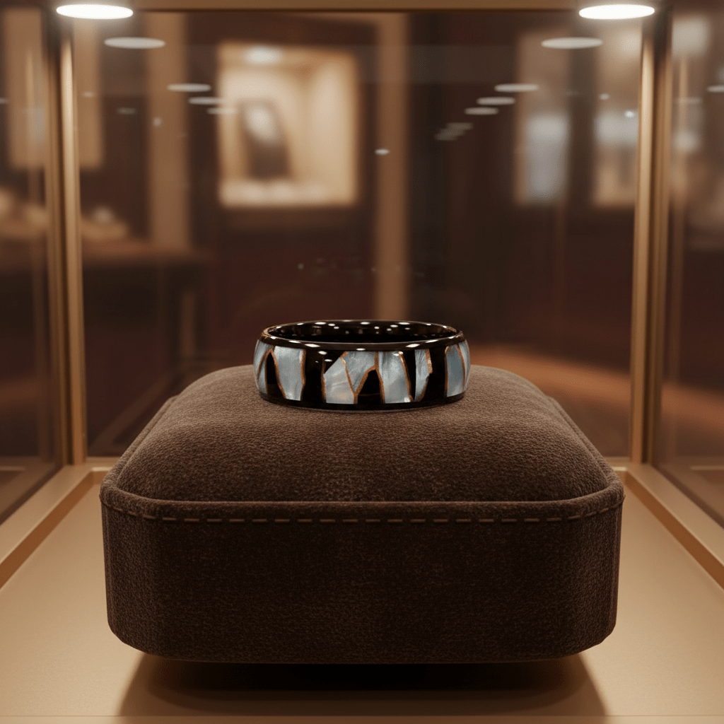 ELITIS — Premium boutique display on velvet — men's tungsten wedding ring.