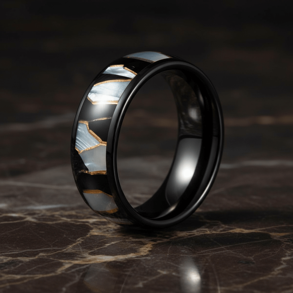 ELITIS — Luxury 3/4 angle on dark marble — men's tungsten wedding ring.