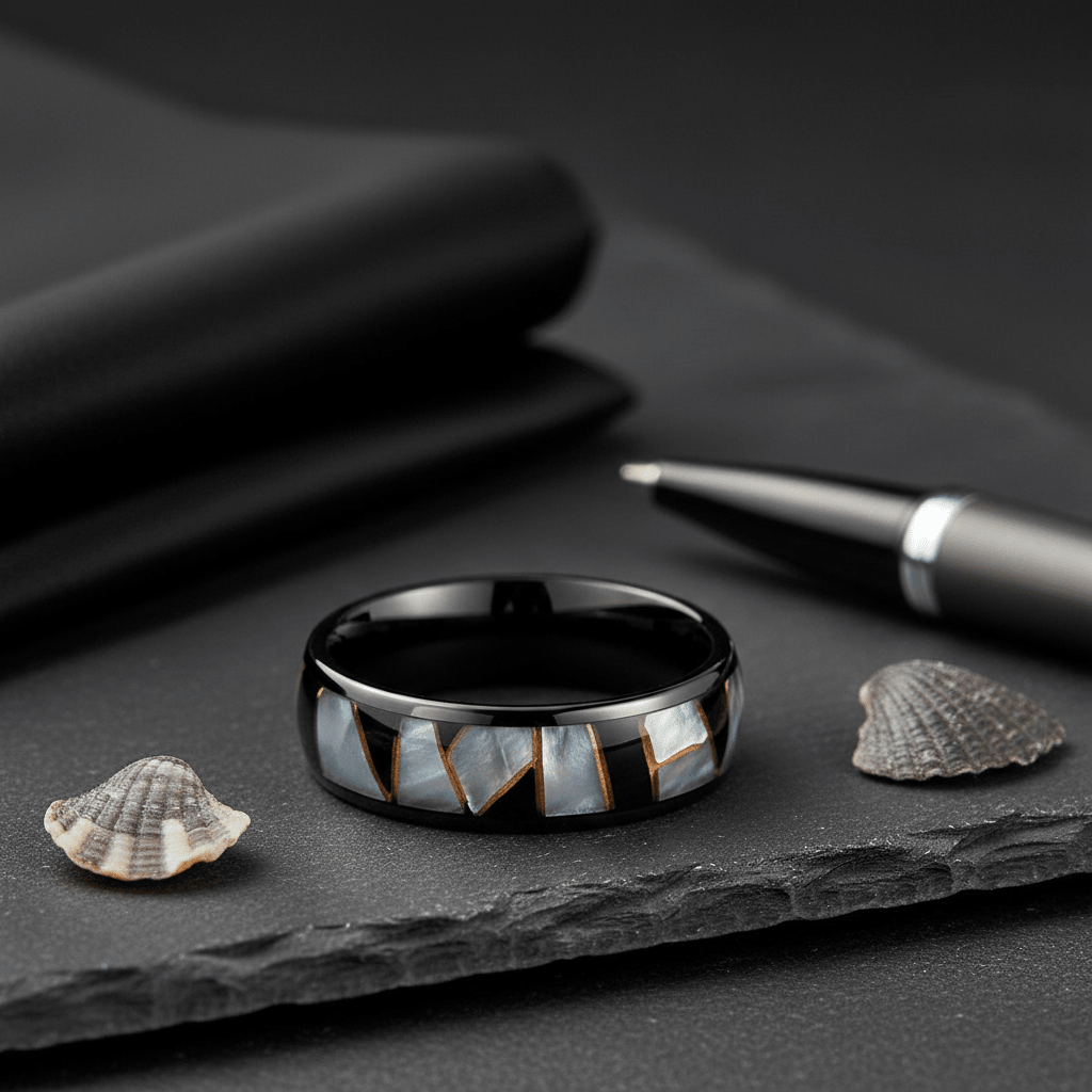 ELITIS — Editorial masculine still life — men's tungsten wedding ring.