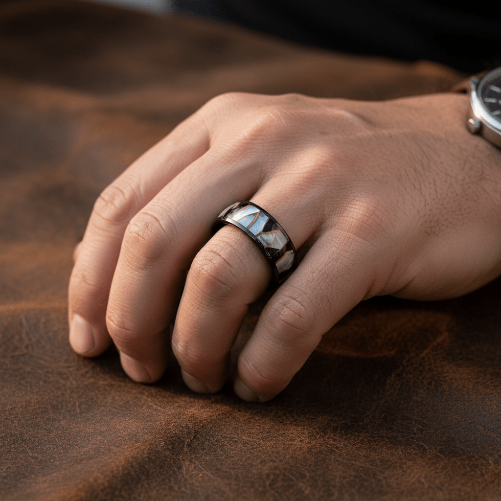 ELITIS — Lifestyle photo on hand — men's tungsten wedding ring.