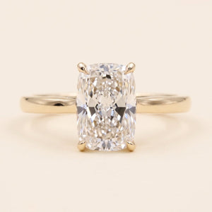 Elongated Cushion lab-grown diamond solitaire engagement ring, Yellow Gold, face-on detail macro
