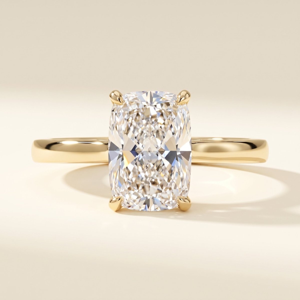 Elongated Cushion lab-grown diamond solitaire engagement ring, Yellow Gold, studio hero