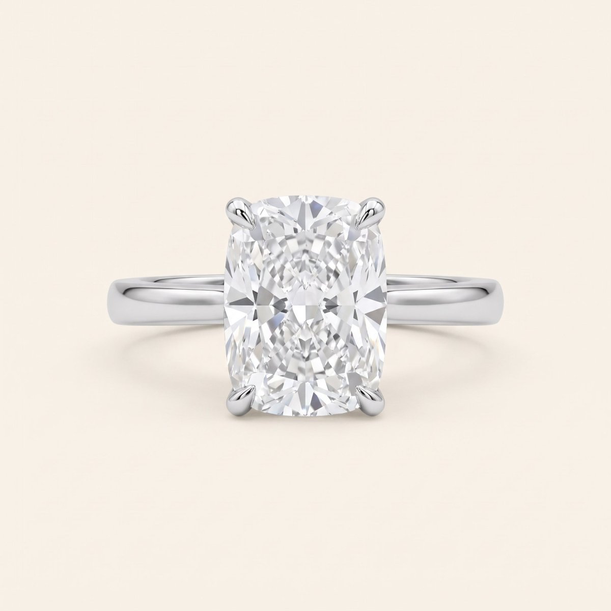 Elongated Cushion lab-grown diamond solitaire engagement ring, White Gold, face-on detail macro