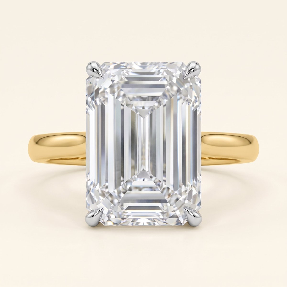 Emerald lab-grown diamond solitaire engagement ring, Yellow Gold, face-on detail macro
