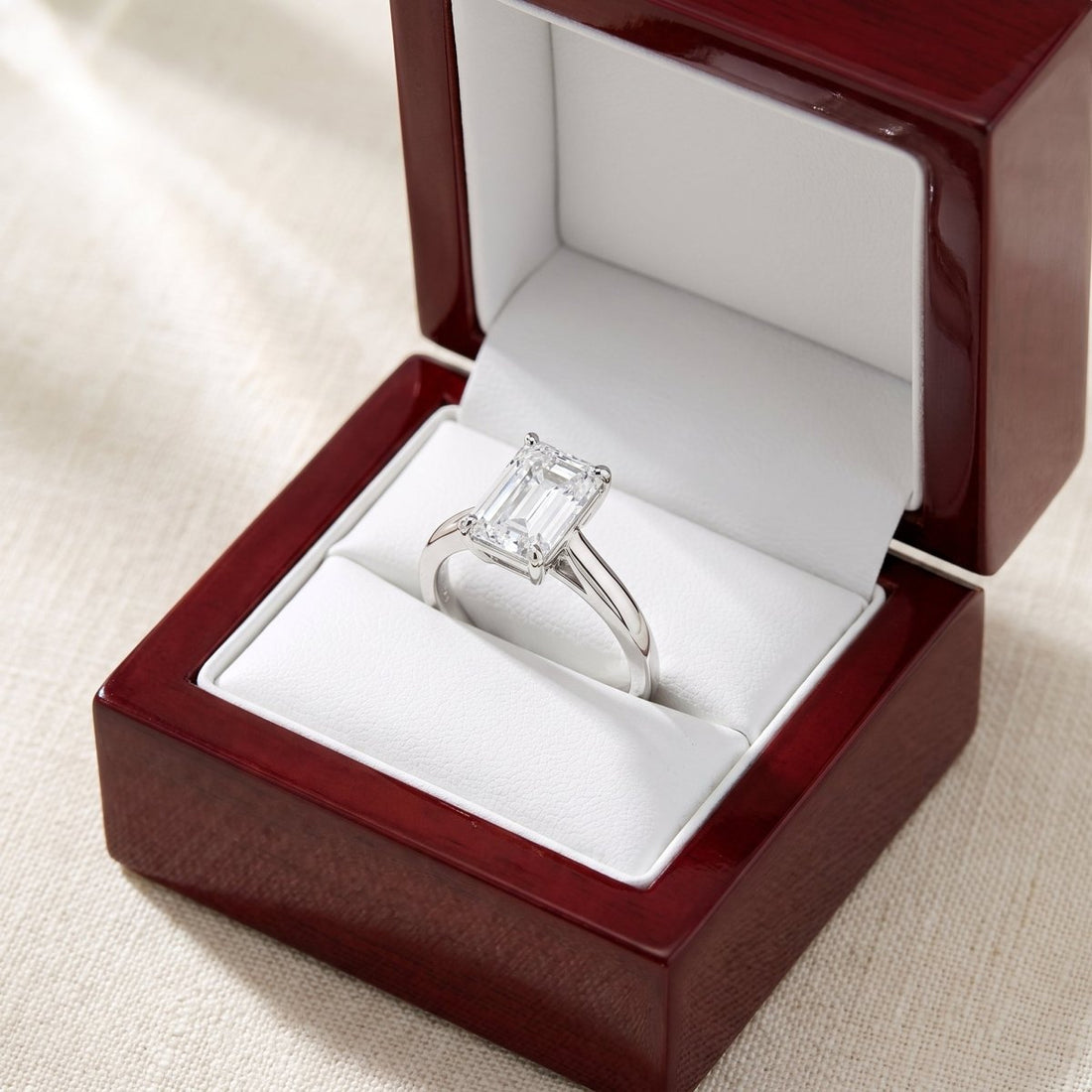 Emerald lab-grown diamond solitaire engagement ring, White Gold, in cherry-wood ring box