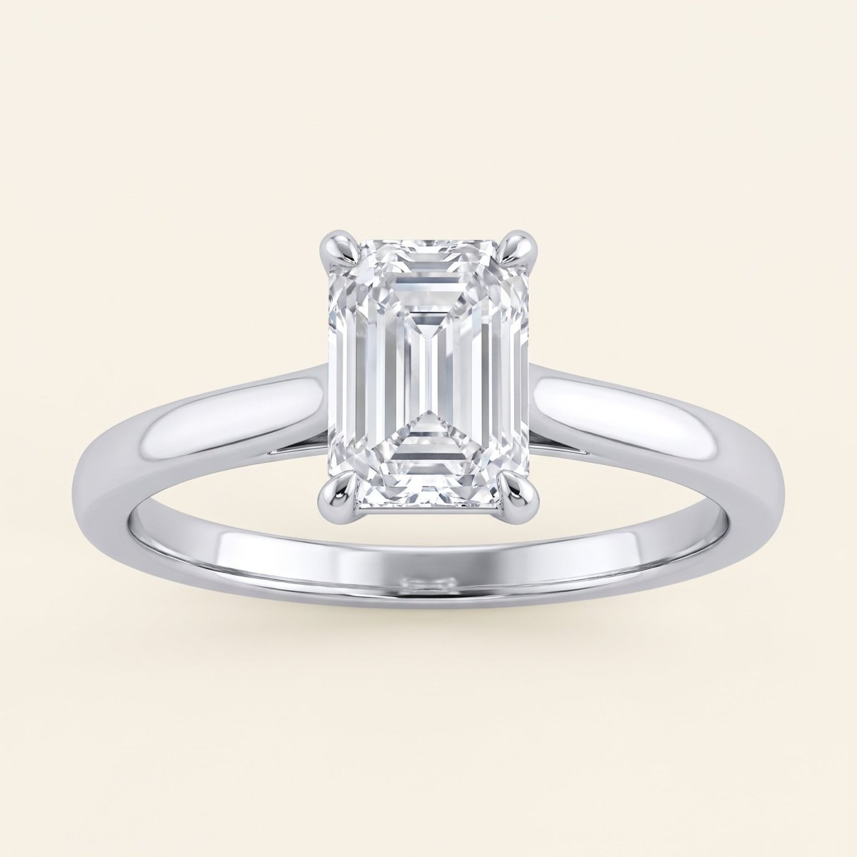 Emerald lab-grown diamond solitaire engagement ring, White Gold, face-on detail macro