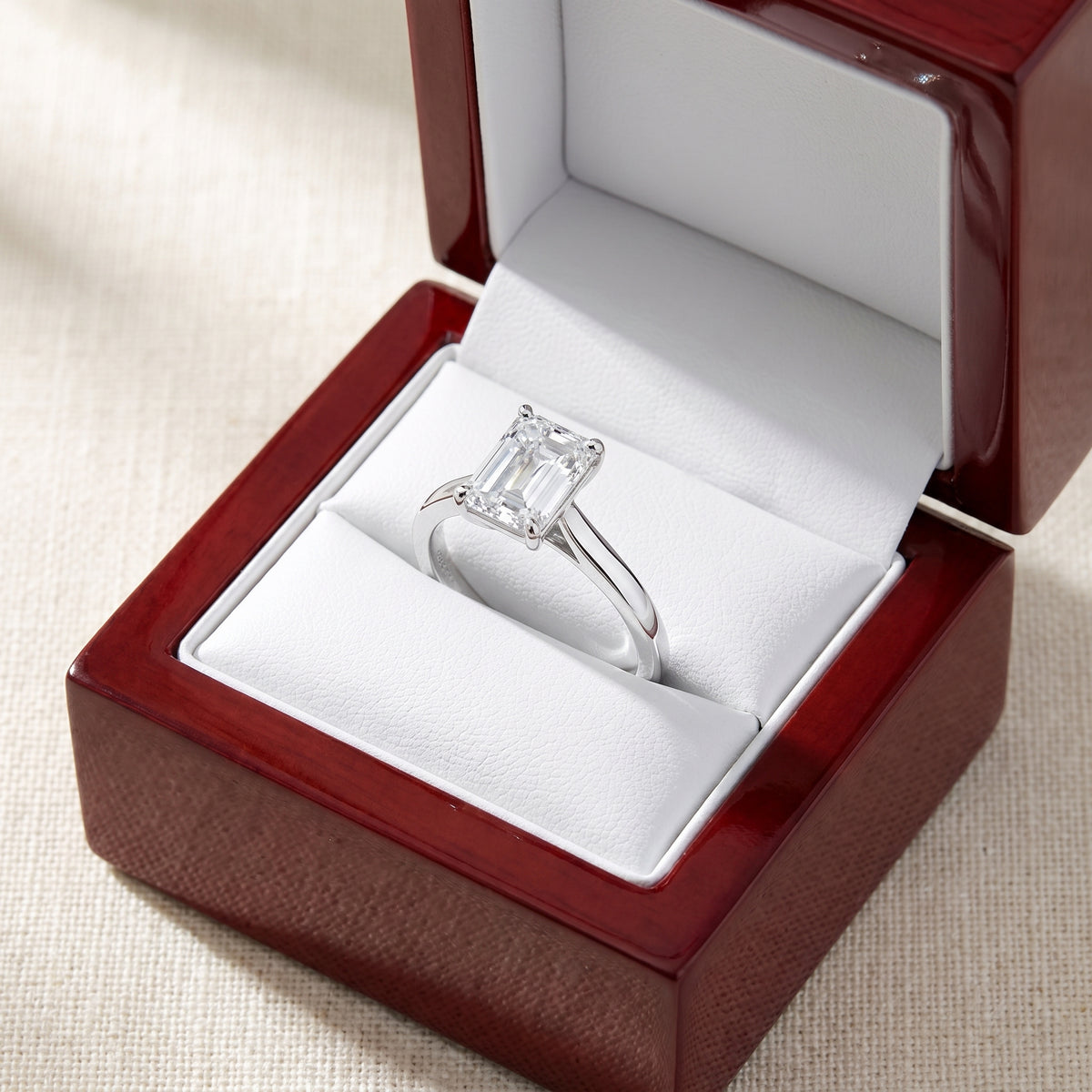Emerald lab-grown diamond solitaire engagement ring, 925 Sterling Silver, in cherry-wood ring box