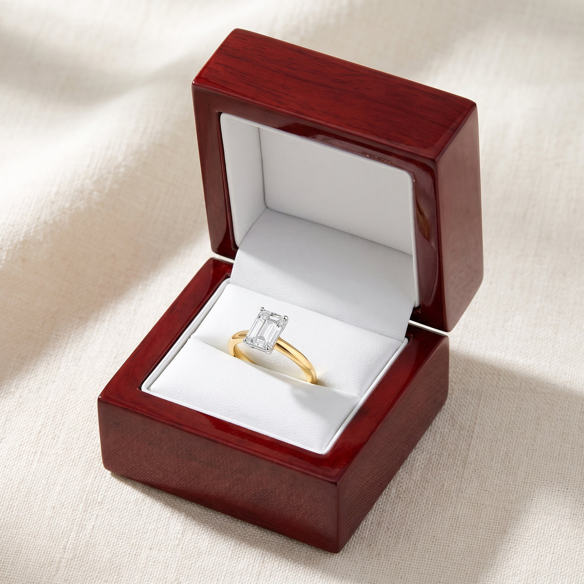 Emerald lab-grown diamond solitaire engagement ring, Yellow Gold, in cherry-wood ring box