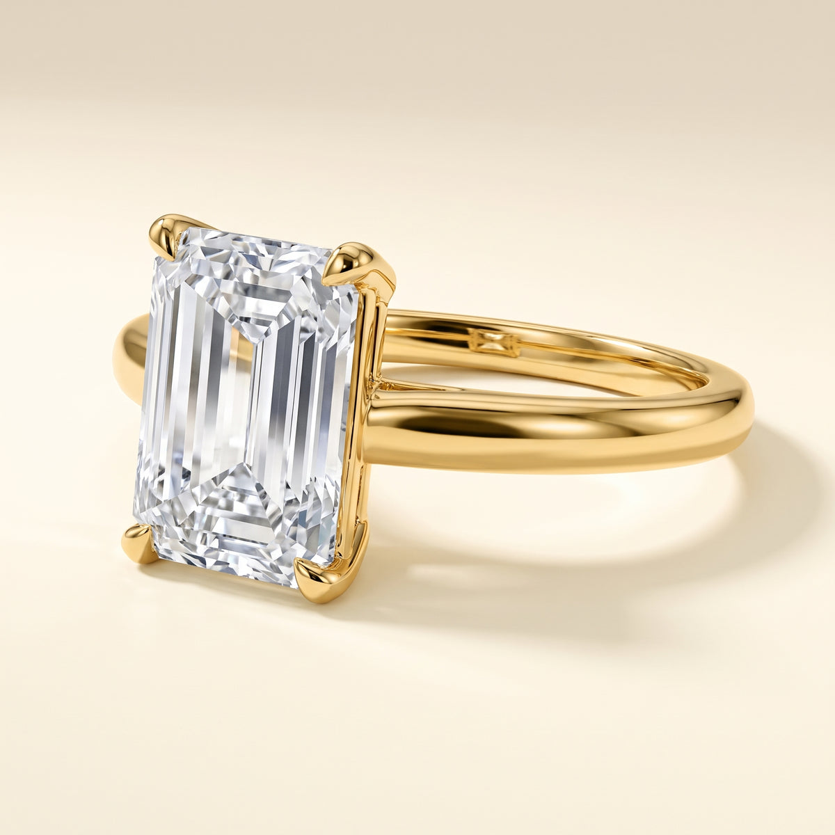 Emerald lab-grown diamond solitaire engagement ring, Yellow Gold, studio hero