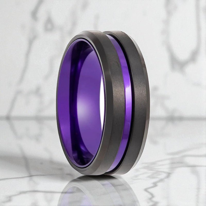 EMERY black tungsten ring with purple groove and anodized interior