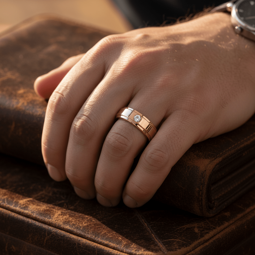 ENER — Lifestyle photo on hand — men's tungsten wedding ring.